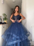 Princess Ball Gown Spaghetti Strap Navy Blue Tulle Lace Prom Dress With Layers Prom Gown HZ0311