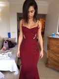 Mermaid Burgundy Spaghetti Straps Beaded Long Evening Prom Dresses Formal Dresses HZ0311