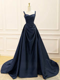 Simple A Line Spaghetti Straps Navy Blue Chic Satin Long Prom Dress Vintage Evening Dress HZ0311
