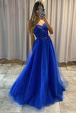 Royal Blue A Line Beaded Lace Applique Long Tulle Evening Dresses Formal Dress HZ0311