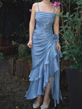 Blue Vintage Floral Elegant Dress Asymmetrical Hem Prom Gown Prom Dress HZ0311