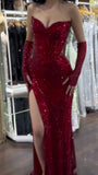 Attractive Sequins Sweetheart Slit Burgundy Mermaid Prom Dresses Evening Dress Party Gowns HZ0311
