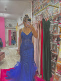 Sparkly Spaghetti Straps Royal Blue Mermaid Inspo Formal Party Gowns Long Prom Dress HZ0311