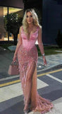 Modest Beaded Party Gowns Sleeveless Floor-Length Straps Slit Pink Long Feathers Mermaid Prom Dress HZ0311
