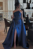 Modest Sheath Strapless Royal Blue Satin With High Split Prom Dresses Inspiration Long Party Evening Dress 18th Birthday Outfits HZ0311