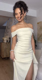 Elegant Mermaid Off The Shoulder White With Short Sleeves Split Long Formal Fancy Evening Dress Dinner Outfits Classy Party Gowns HZ0311