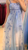 Vintage Spaghetti Strap A line Wedding Guest Dresses Tulle Blue Prom Formal Dresses HZ0311