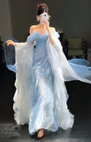 Modest Mermaid Off The Shoulder Blue With Pleated Long Prom Dresses Inspiration Evening Gowns For Women Formal Party Dress HZ0311