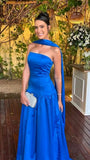 Simple A Line Prom Dress Strapless Evening Dress Royal Blue Prom Dress With Scarf For Teenagers High Schools HZ0311