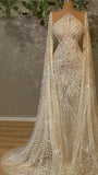 Modest Party Gowns Sleeveless Floor-Length Mermaid Halter With Cape Sequin Long Prom Dresses HZ0311