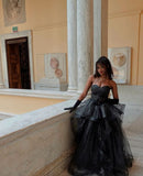 Ball Gown Strapless Black Prom Dresses Fashion Evening For Black People Girls Sequin Long Formal Party Gowns HZ0311