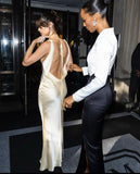 Simple Satin Mermaid Cowl Neck Backless Long Evening Prom Dresses Yellow Prom Dress HZ0311