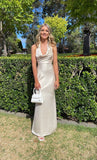 Simple Satin Mermaid Long Evening Prom Dresses Ivory Halter Prom Dress HZ0311