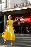 Elegant A Line Scoop Yellow Midi Dress for Summer Vacation Party Gowns Prom Dresses HZ0311
