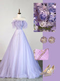 Ball Gown Strapless Lilac Tulle With Feathers Long Prom Dress Fashion Aesthetic High School Formal Dresses Party Outfits Prom Gown HZ0311