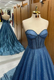Timeless Navy Blue Sequin Beaded Sweetheart A-Line Long Prom Dress HZ0311