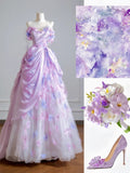 Timeless Ball Gown Strapless Lilac Floral Tulle Long Prom Dresses Inspiration Party Gowns HZ0311