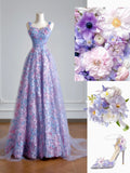 Princess A line Spaghetti Straps Lilac Tulle Floral Prom Dresses Long Evening Formal Gown With Scarf Party Gowns HZ0311