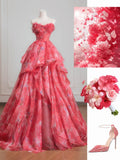 Sweet Ball Gown Sweetheart Pink Floral Chiffon Long Formal Evening Dress Formal Birthday Gowns Prom Dresses HZ0311
