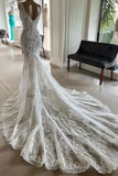Mermaid Lace Sweetheart Wedding Dress V-neck Long Bridal Dress with Train HZ0311