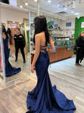 Simple Spaghetti Straps Navy Blue Mermaid Inspo Formal Party Gowns Long Prom Dress HZ0311