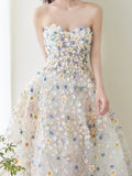 Cute Ball Gown Sweetheart Floral Tulle Tea Length Prom Dresses Formal Gowns Inspo Evening Outfit HZ0311