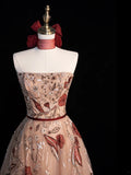 Modest Ball Gown Strapless Sleeveless Tulle Champagne Floral Long Prom Dress For Women Girls Evening Dresses HZ0311