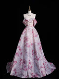Modest Ball Gown Off The Shoulder With Short Sleeves Pink Floral Long Prom Dress For Women Girls Evening Dresses HZ0311