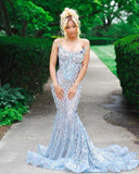 Modest Ruffled Pleated Party Gowns Sleeveless Floor-Length Strapless Light Sky Blue Black Girls Mermaid Prom Dress HZ0311
