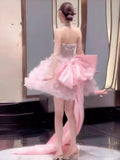 Cute Ball Gown Strapless Pink Tulle Short 16th Birthday Dress Homecoming Dresses Cocktail Gown HZ0311