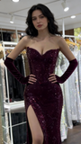 Attractive Sequins Sweetheart Slit Burgundy Mermaid Prom Dresses Evening Dress Party Gowns HZ0311