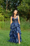 Modest Ball Gown Straps Navy Blue Lace Prom Dresses Long for Women Ruffle Formal Evening Gown HZ0311