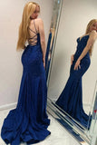Sparkly Navy Beaded Mermaid Backless Long Prom Dress HZ0311