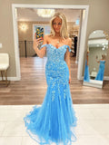 Modest Blue Off the Shoulder Tulle Mermaid Prom Dresses with Appliques HZ0311