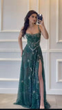Modest Beaded Party Gowns Sleeveless Floor-Length Square Neck Slit Dark Green Long Prom Dress HZ0311