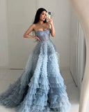 Ball Gown Sweetheart Tiered Ruffled Tulle Long Prom Dress Evening Dress Sweet 15 16 Gown HZ0311