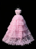 Ball Gown Strapless Tulle Pink Sleeveless With Feathers Women's Long Quinceanera Dresses Sweet 16 Quince Dress HZ0311