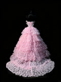 Ball Gown Strapless Tulle Pink Sleeveless With Feathers Women's Long Quinceanera Dresses Sweet 16 Quince Dress HZ0311