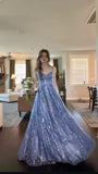 Charming A Line Halter Blue Sequins Long Prom Dresses Evening Outfits Formal Dress HZ0311