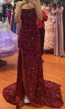 Sexy Mermaid Spaghetti Straps Burgundy Sequin Inspo With High Split Formal Party Gowns Long Prom Dresses HZ0311