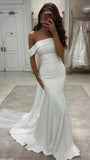 Modest Mermaid Off The Shoulder Fitted Corset White Satin Long Wedding Dress Bride Gowns Wedding Dresses HZ0311