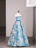 Beautiful Ball Gown Strapless Blue Floral Satin Long Prom Dresses Formal Gowns Inspo Evening Outfit HZ0311