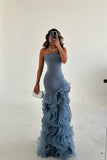 Modest Ruffled Chiffon Pleated Party Gowns Sleeveless Floor-Length Mermaid Prom Dress HZ0311
