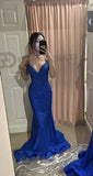 Sexy Mermaid Spaghetti Straps Satin Backless Royal Blue Long Beadings Prom Dress HZ0311