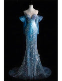 Modest Mermaid Off The Shoulder Beaded Party Gowns Elegant Ice Blue Sparkle Long Prom Dress HZ0311