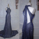 Mermaid Halter Sequin Navy Blue Long Prom Dresses Formal Dress HZ0311
