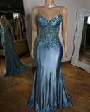 Blue Mermaid Spaghetti Straps Satin Long Appliques Sequin Prom Dress HZ0311
