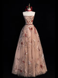 Modest Ball Gown Strapless Sleeveless Tulle Champagne Floral Long Prom Dress For Women Girls Evening Dresses HZ0311