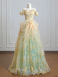 Fairytale Ball Gown Off The Shoulder Green Floral Tulle Long Formal Evening Dress Formal Birthday Gowns Prom Dresses HZ0311