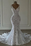 Mermaid Lace Sweetheart Wedding Dress V-neck Long Bridal Dress with Train HZ0311